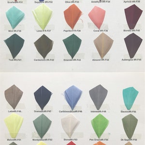 May include: A chart of 60 different colored feathers, each labeled with a color name and a code. The feathers are arranged in rows of 10, with each row representing a different color family.