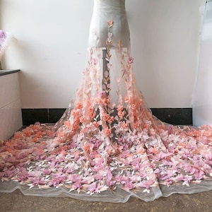Peach 3D Flower Embroidery Lace Fabric Materials Mesh Trims DIY Wedding Bridal Evening Dress Costume Handcrafts 59&quot; Width Sold by the yard