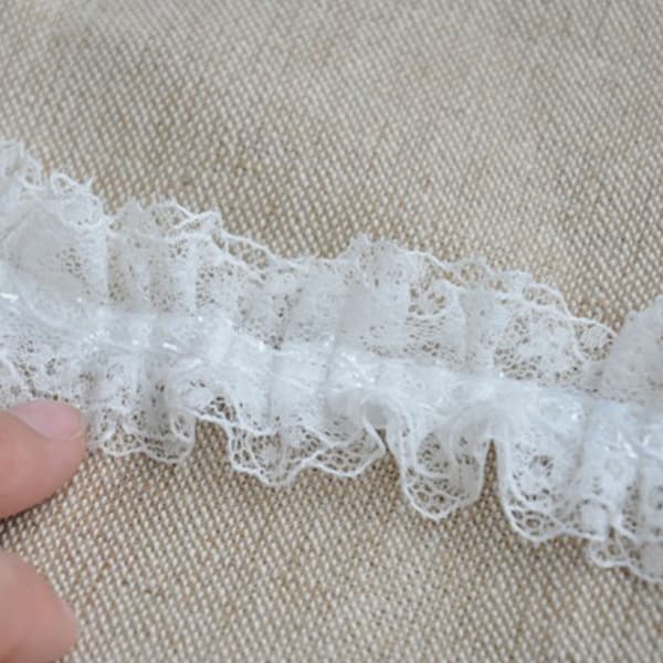 4cm Double Fold Ruffled Lace Trims Ribbon Fringe Pleated Embroidery Edge for Doll Making Wedding Girl Dress Gown Design Sold by the Yard