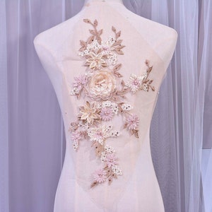 Pearls Corded Lace Flower Applique 3D Floral Cotton Lace Appliques Pink Pearls Lace Motifs For Sale, Pink Crystals Lace Motif Sold By 1 Pce