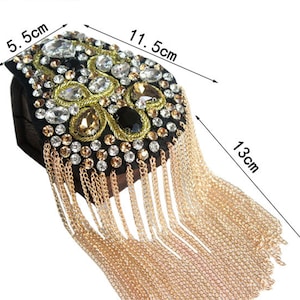 Gold Shoulder Patches Tassel Chain Suit Crystal Epaulet Fringe Shoulder Badge Rhinestone Applique for wedding Dance Costume