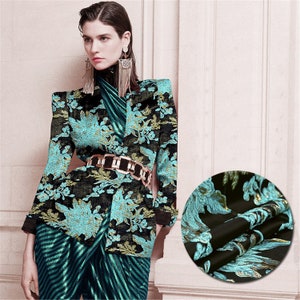 High-End Green Cool Color Floral Fabric, Polyeter Cotton Jacquard Fabric, Embossed Style Fabric, Heavy Jaquard Fabric, By 1/2 yard