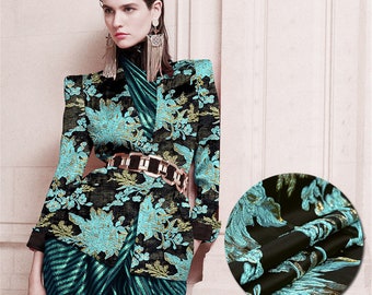 High-End Green Cool Color Floral Fabric, Polyeter Cotton Jacquard Fabric, Embossed Style Fabric, Heavy Jaquard Fabric, By 1/2 yard