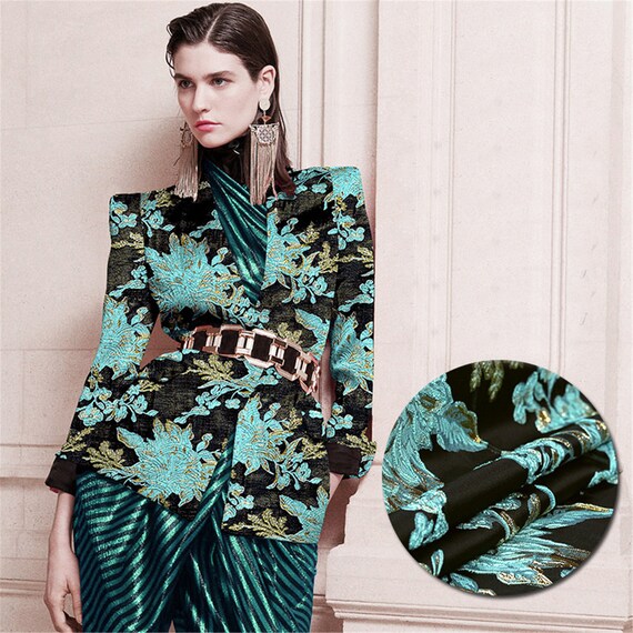 cotton jacquard dress fabric High-end Green Cool Color Floral Fabric, Polyeter Cotton Jacquard Fabric, Embossed Style Fabric, Heavy Jaquard Fabric, by 1/2 Yard