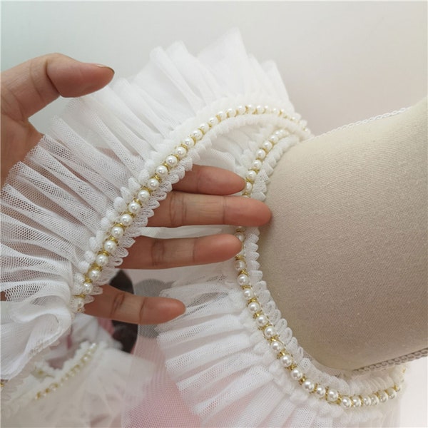 6CM Ruffled Lace Trims Tulle Pleated Pearl Lace Mesh Edge for Doll Making Wedding Cake Tulle Dress Gown Design Sold by the Yard