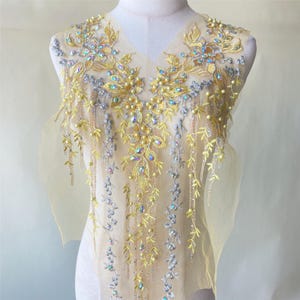 May include: A yellow and silver beaded lace applique with a cascading fringe. The applique is on a sheer fabric background.