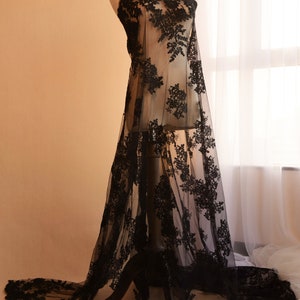 Black Embroidery Eyelash Lace Fabric Materials Corded Tulle Lace Mesh Fabrics Trimmings DIY Wedding Full Dress Dance Gown Costume  53&quot; Width