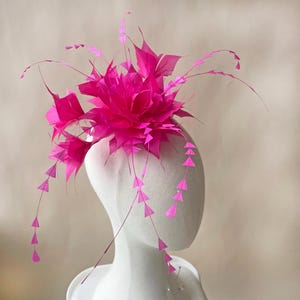 Peut inclure: Une coiffe fascinator rose vif composée de pétales de plumes pointus et superposés disposés en un bouquet central. De fines tiges délicates s'étendent vers l'extérieur, chacune ornée de petites plumes triangulaires pendantes.