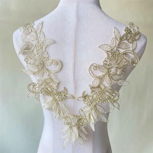 Gold Lace Applique Motif Trims Materials with Corded Embroidery Lace Patches Bodice Crafts Sewing on Bridal Wedding Dress