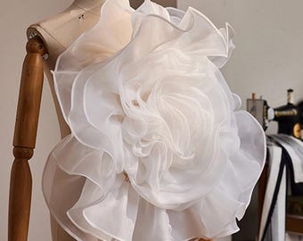 Oversized Off White 3D Flower Brooch, Giant Organza Floral Applique for Wedding Dress, Couture Dress , Bridal Photography Prop
