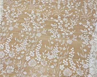 Off White Floral Embroidery Leaves Lace Fabric Mesh Materials Trims DIY Wedding Bridal Evening Dress Sold by the Yard