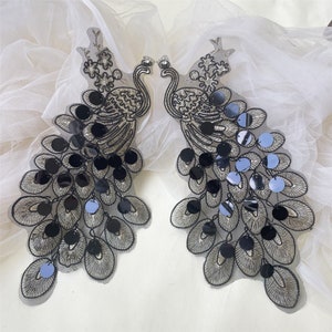 Peacock Lace Appliques Lace Patch with Sequins Sewing on Evening Wedding Girl Dress Mirror Pair