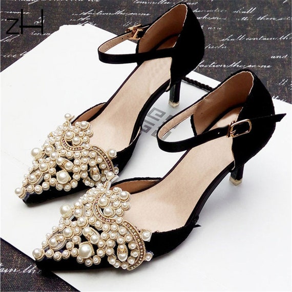 2PCS Pearl Crystal Rhinestone Shoe Clips Applique Diamante Appliques Sash  Belt DIY Iron Glue on Shoes Bridal Wedding Dress Gown 