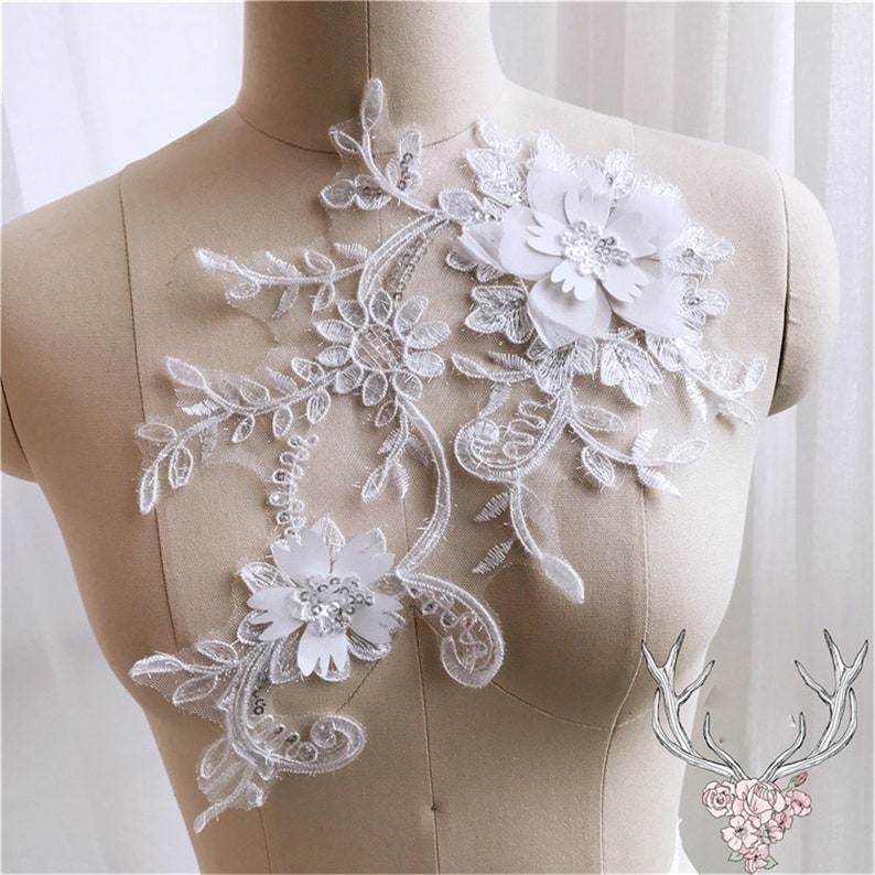 Three-Dimensional Floral Appliqué Embroidered Lace with Scalloped Edge & Sequin Accents