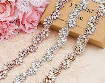 Glitter Rhinestones Trimming Chain Crystal Diamante Applique Wedding Motif for Sash Belt Bridal Dress Evening Gown Dance Costumes