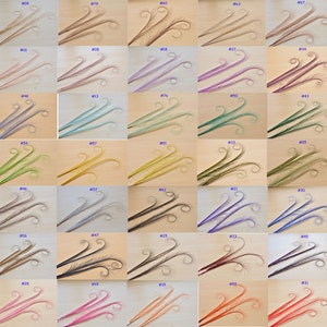 以下が含まれることがあります： 36種類の異なる色のカールしたダチョウの羽根のコレクション。各羽根は約25cmの長さで、先端がカールしています。羽根は6本ずつ並べてあり、各列は異なる色をしています。