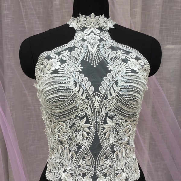 Ivory Heavy Beads Embroidery Lace Applique Back Bodice Halter Neck Materials Lace Motif Sewing on Bridal Wedding Dress Evening Dress 1 Piece