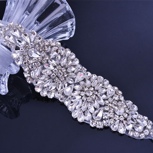 Silver Crystal Rhinestone Applique For Wedding Dress – Iron-On Bridal Sash Belt, 40mm X 140mm
