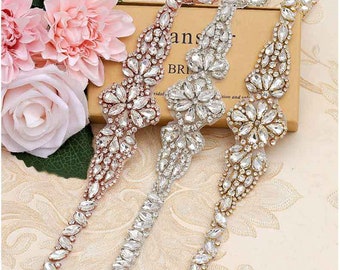 Skinny Bridal Belt Rhinestone Applique Rose Gold Wedding Belt Crystal Diamante Bridesmaid Sash for Wedding Dress