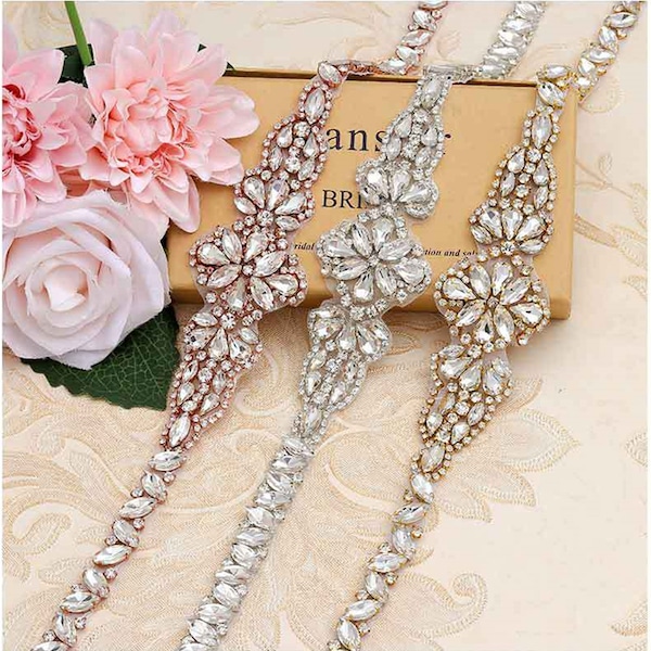 Skinny Bridal Belt Rhinestone Applique Rose Gold Wedding Belt Crystal Diamante Bridesmaid Sash for Wedding Dress