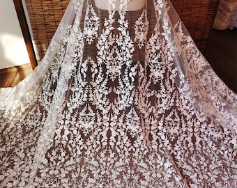 Off White Floral Embroidery Lace Fabric Mesh with Sequin Trims DIY Wedding Bridal Evening Dress Veil Sold by the yard