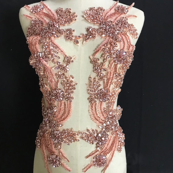 diamante beading for dresses Sparkling Pink Bodice Rhinestone Applique Heavy Beads Motif Lace Patch sewing on Bridal Wedding Ball Dress Gown it’s made for cocktail
