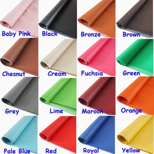 Könnte beinhalten: Ein Raster aus aufgerollten Materialbahnen in verschiedenen Farben, darunter Babyrosa, Schwarz, Bronze, Braun, Kastanienbraun, Creme, Fuchsia, Grün, Grau, Limette, Burgunderrot, Orange, Hellblau, Rot, Königsblau und Gelb. Jedes Blatt ist mit seinem Farbnamen beschriftet.