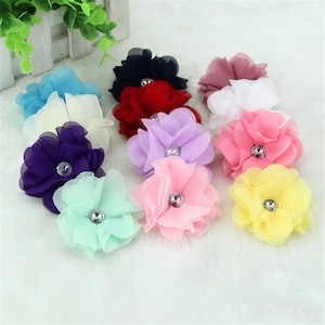 5pcs 3D Flower Chiffon Applique Patches Handcraft Appliques Lace Motif With Rhinestone Sewing on Bridal Wedding Evening Dress Gown