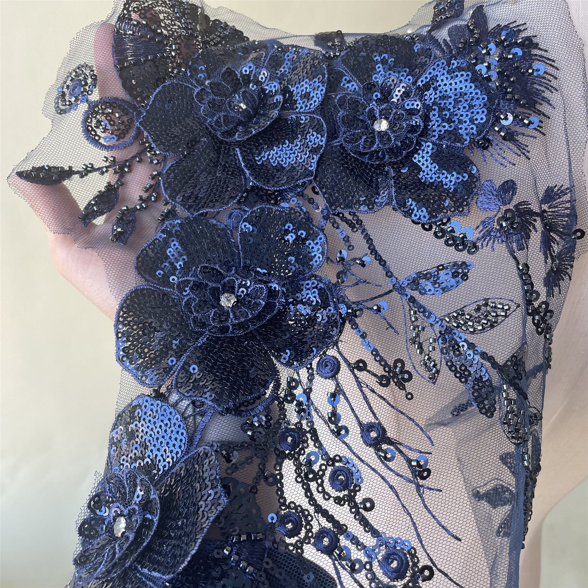 3D花刺繍レースアップリケレースパッチスパンコール付き