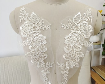 Embroidery Lace Appliques Lace Patch Sewing on Evening Bridal Dress Wedding Trim Veil Mirror Pair