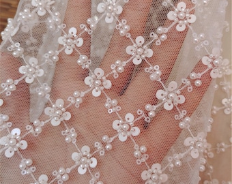 Floral Embroidery  Lace Fabric Mesh Trims with Sequin Pearl DIY Wedding Bridal Evening Dress Veil Sold by the yard