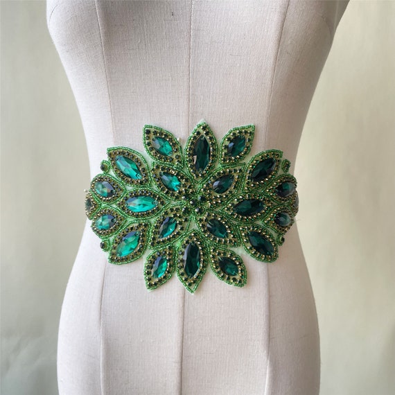 Sparkling Emerald Rhinestone Applique Heavy Beads Motif Diamante
