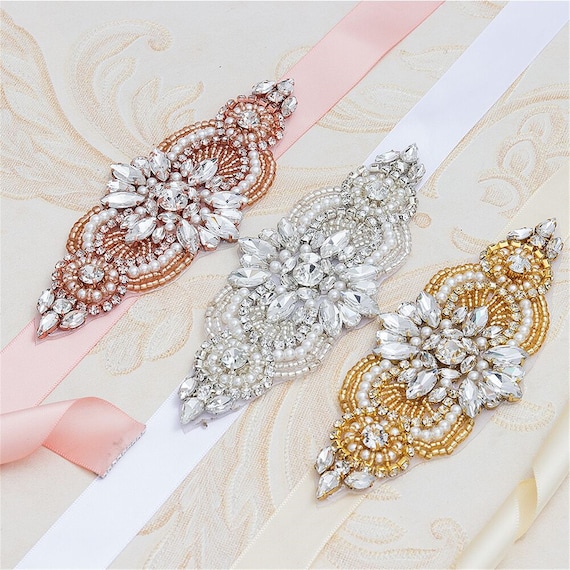 Rhinestone Bridal Belt Sash Wedding Dress Belt Crystal Applique for Bridesmaid Crystal Rhinestone Bridal Belt on Satin Sash - Wide Bridal  main image 4