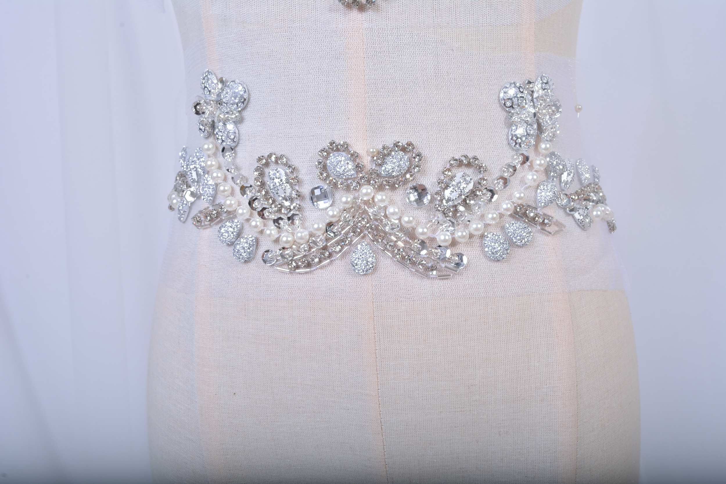 Pure Handmade Rhinestones Light Green Lace Applique Sew On Crystal