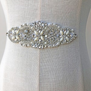 Bridal Rhinestone Applique Diamante Appliques Patch Bridal Sash Belt DIY Bridal Dress Applique Crystal Wedding Applique with Beads Pearl