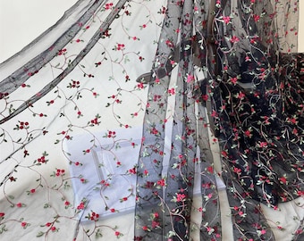 May include: Black sheer fabric with red and green embroidered floral vines. #3