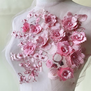 3D Flower Lace Appliques Embroidery Lace Applique with Sequin Beads Sewing on Evening Dancing Bridal Dress Wedding Trim