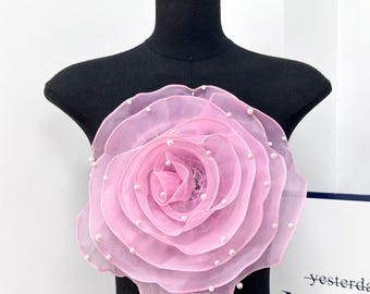 Oversized Organza Rose Brooch with Pearls, 27cm Giant Fabric Flower, Millinery Supplies, Hat Making Floral Pin, DIY Couture Embellishment
