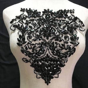 Black Bodice Rhinestone Applique Heavy Beads Motif Diamante Lace Patch sewing on Bridal Wedding Ball Dress Gown 1 PC