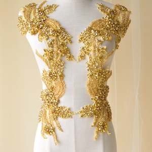 Sparkling Gold Bodice Rhinestone Applique Heavy Beads Motif Diamante Lace Patch sewing on Bridal Wedding Ball Dress Gown