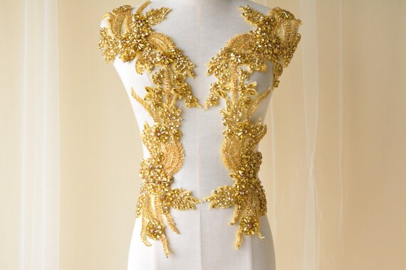 Sparkling Gold Bodice Rhinestone Applique Heavy Beads Motif Diamante Lace  Patch Sewing on Bridal Wedding Ball Dress Gown - Etsy