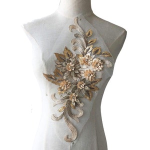 Gold Sequin Crystal Floral Lace Applique Embroidery Lace Patch Sewing on Bridal Wedding Evening Dress Crafts 1 Piece