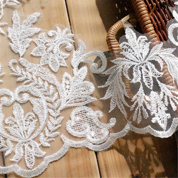 Blanc feuille broderie dentelle garniture bordure passementerie ruban couture sur mariage mariée robe voiles casque fenêtre certains vendu par 1 yard