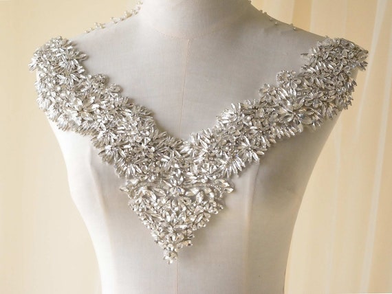 Gorgeous Rhinestone Applique On Mesh, Super Large Bodice Patch, Beaded Applique, Haute Couture Dress Applique