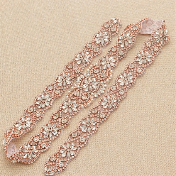 Sparkling Bridal Belt Rhinestone Applique Rose Gold Wedding Belt Crystal Diamante Bridesmaid Sash for Wedding Dress