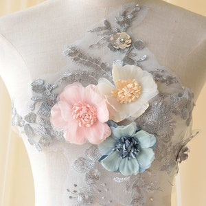 3D Flower Lace Bodice Applique Motif Floral Embroidery Lace Patch Sewing on Bridal Wedding Evening Dress Crafts 1 PC