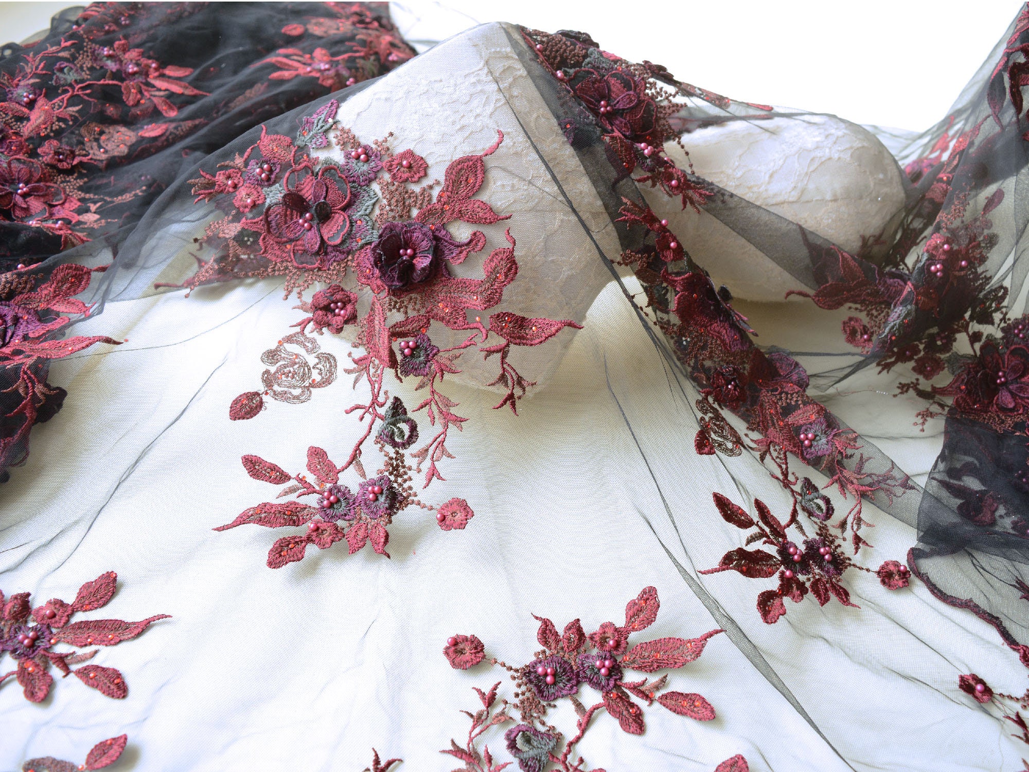 BURGUNDY DIVA DESIGN EMBROIDERY WITH HEAVY BEADED ON A MESH-SOLD BY YARD. main image 0