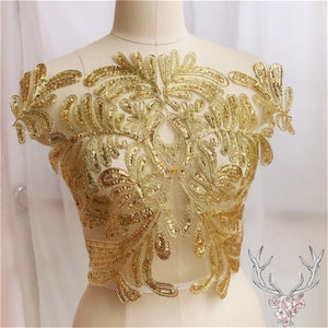 Leaf Embroidery Lace Applique Motif Materials Lace Patch with Sequin Sewing on Bridal Wedding Dress Costume Evening Dress Sold By 1 Piece