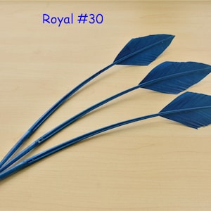 Puede incluir: Tres plumas azules con una pluma blanca, dispuestas en forma de abanico sobre una superficie de madera clara. El texto "Royal #30" está escrito en azul sobre las plumas.