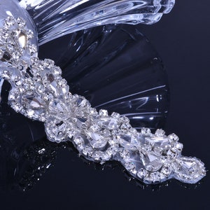 Silver Crystal Rhinestone Applique Diamante Appliques Sash Belt DIY Iron Glue on Bridal Wedding Bridesmaids Dress Gown 1 Piece